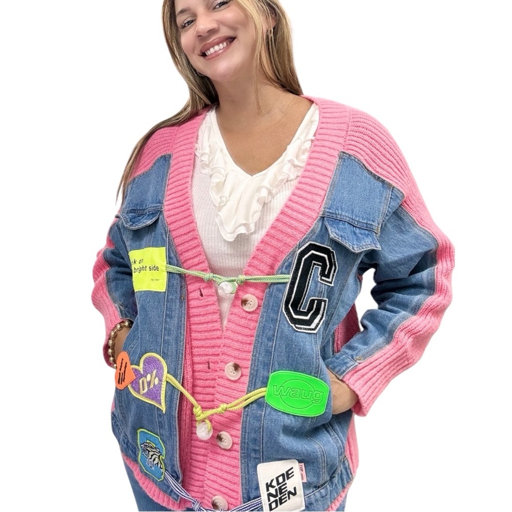 Women's Pink and Blue Denim Jacket, Size: Small - Picture 2 of 3